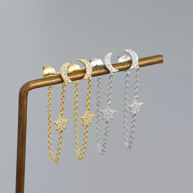 Moon and Star Tassel Earring