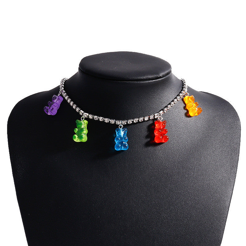 Crystal Gummy Bear Necklace. cute colorful rhinestone necklace.
