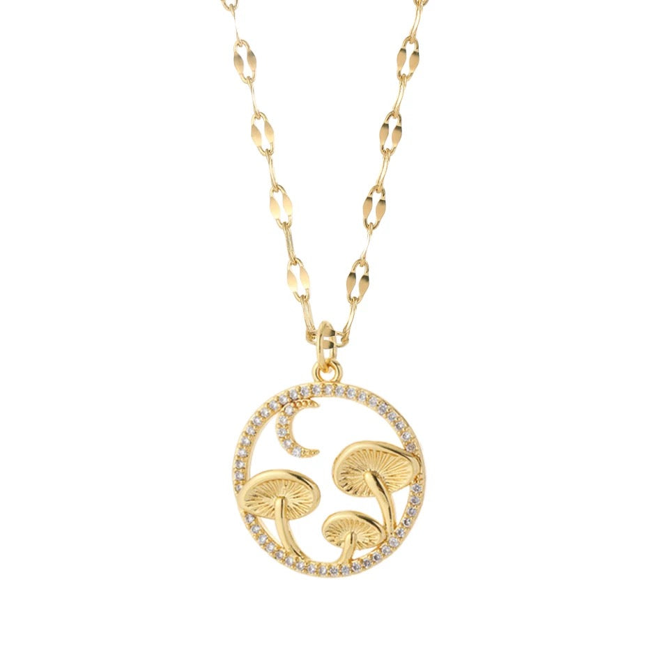 Mushrooms and Moons Necklace. Cute gold necklace.