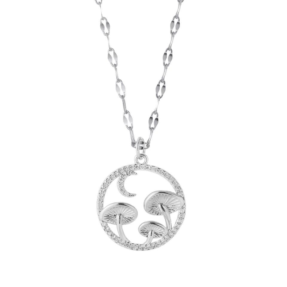 Mushrooms and Moons Necklace. Cute silver necklace.